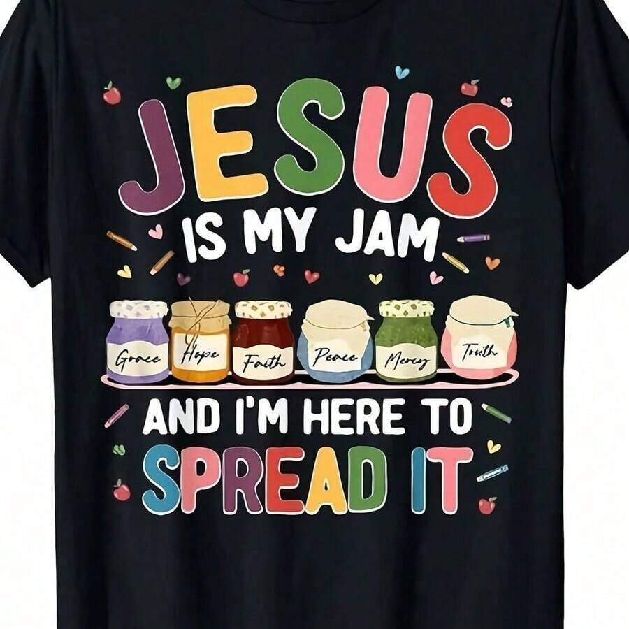 Jesús es mi amor, estoy aquí para compartir la Biblia cristiana. Camiseta unisex para hombre y mujer, estampada de manga corta para el verano de 2025, 180g, Juneteenth, estampado artístico, diseño limpio, uso diario, para adultos, de secado rápido. - Negro - Ver 1