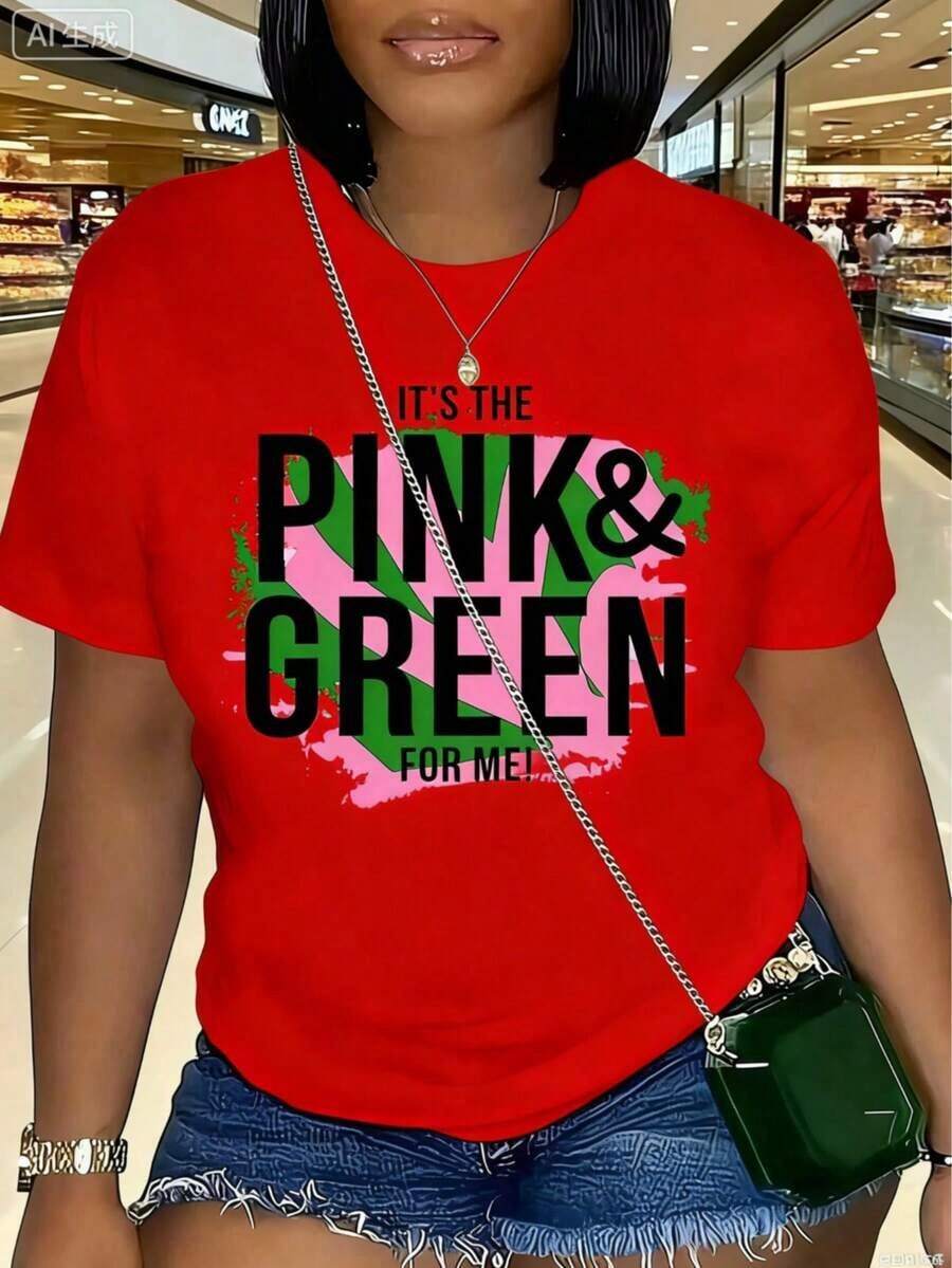 Women's J15 AKA 1908 Graphic Print Crew Neck T-Shirt 2026 - Featuring Empowering Slogans In Pink And Green, Breathable, Short Sleeve, Summer, Machine Washable, Festive Wear, Comfortable Fit, Loose And Comfortable, Casual T-Shirts-J - 紅色 - 查看 1