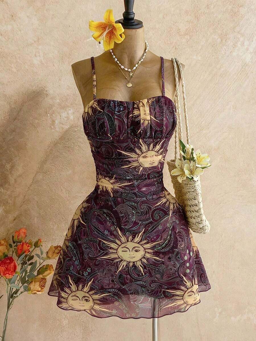 WYWH Vestido corto de tirantes con estampado de paisley para vacaciones casual de mujer - Morado - Ver 1