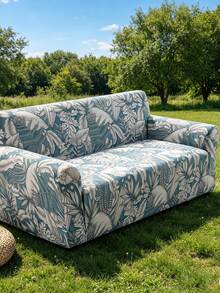 1pc Printed Full Coverage Sofa Slipcover, Botanical Pattern Print, Modern Style Sofa Protector Cover, Suitable For Living Room & Office Sofa Decor, Pillow Cover Not Included - Baby Blue - View 7