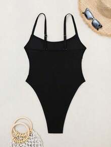 Traje de baño de una sola pieza para mujer con diseño de unicolor, tirantes, parches de malla, sexy y con recortes, estilo bohemio para festivales - Negro 2 - Ver 8
