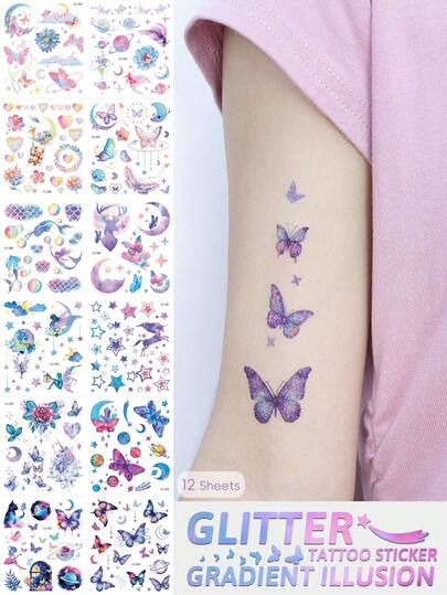 12 Sheets Glitter Gradient Butterfly Temporary Tattoo Stickers, Waterproof Iridescent Moon Star Mermaid Fake Tattoos For Women, Long Lasting Sparkly Body Art For Festival & Party