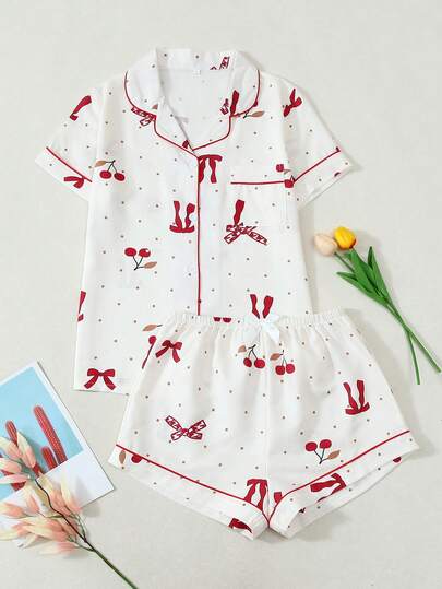 Bộ đồ ngủ nữ tay ngắn và quần short nhăn nhẹ in hình nơ và quả anh đào