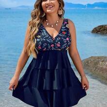 Swim Lushore Plus Size Floral Print Patchwork Tankini Swimwear Set For Summer Beach Vacation - Multicolor - Ver 9