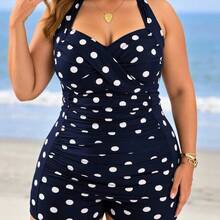 Swim Lushore 1pc Women Plus Size Polka Dot Printed Cross Front Tankini Top With Adjustable Tie Strap Shorts, Elegant Casual Daily Beach Vacation One-Piece Swimsuit For Summer - Azul Marino - Ver 6
