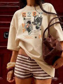 Retro Streetwear Short Sleeve T-Shirt In Orange And Gray.  Short Sleeve T-Shirt For Spring And Summer 2026, Made In Mexico, 180 Grams. Cartoon Print, Couple Design, Suitable For Indoor Or Outdoor Wear. Crew Neck, Unisex, Ideal For Office And Leisure. One-Pack. - APR-P631577SLNDXZGY404 - 查看 4