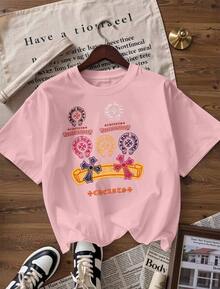 Retro Cross And Text Print Short Sleeve T-Shirt, Fashionable Short Sleeve T-Shirt For Spring And Summer 2026, Made In Mexico, 180 Grams. Cartoon Print, Couple Design, Suitable For Indoor Or Outdoor Wear. Crew Neck, Unisex, Ideal For Office And Leisure. One-Piece Pack. - PK-P631577SLNDXZGY405 - 查看 4