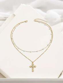 1pc Rhinestone Embellished Dual-Layer Cross Pendant Necklace, Minimalist Elegant Anti-Fading, Suitable For Campus, Party, Vacation, Gift For Friends And Festivals - Multicolor - View 2