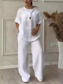 Casual Linen Co-Ord Set Ladies With Single Button Detail And Elastic Waist Trousers - White - View 12