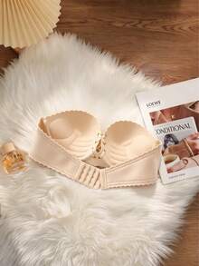 Women's Wavy Edge Tie-Up Bandeau Bra, Push-Up Padded Unlined Comfortable Lingerie [Suitable For Flat Chest] - Apricot - View 7