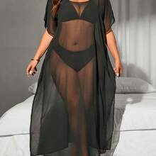 Slayr CURVE Plus Size All-Over Print Sheer Round Neck Short Sleeve Coverup Dress Summer - Negro - Ver 5
