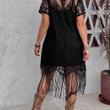 LUNE Plus Size Lace Fringe Hem Vacation Dress For Summer,Beach Dress Sundress,Holiday Outfits Boho - Negro - Ver 3