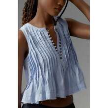 Women's Pleated Tank Tops Loose Fit Stylish Button Up Crew Neck Sleeveless Vest For Summer  Spring - Blue - View 5
