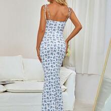 Women's Floral Print Ruched Front Tie Fitted Elegant Dress Vacation Party Summer - Azul y blanco - Ver 11