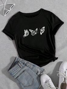 LUNE Camiseta de cuello redondo con estampado de mariposa - Negro - Ver 6