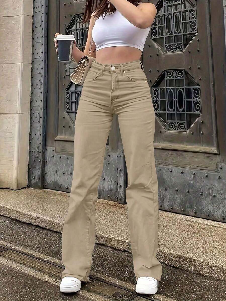 Jeans de cintura alta, unicolor, de corte y ajustado, de estilo minimalista y versátil para mujer, aptos para uso casual, viajes, citas, todas las estaciones, vuelta al colegio, Pascua, Día de la Independencia, Carnaval, Navidad, primavera - Caqui - Ver 1