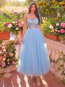 Faeriesty Camiseta corta con lentejuelas brillantes y dobladillo transparente contrastante, perfecta para homecoming, fiestas, bailes y eventos de verano, bodas y fiestas - Azul - Ver 3