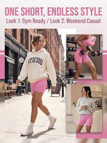 TCVC Seamless Ribbed Texture High Waist Shaping Tight Peach Butt Sports Shorts - Pink - View 6
