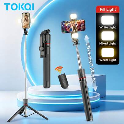 TOKQI 171.7厘米加长三脚架自拍杆，带可拆卸旋转手机支架、无线遥控器，便携轻巧，兼容安卓/iOS智能手机和运动相机