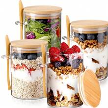Overnight Oats Containers With Lids,4 Pack 18oz Overnight Oats Jars With Spoons,Salad Meal Prep Jar With Bamboo Lids For Chia Seed Pudding Salad Cereal Coffee Flour,Sourdough Starter Jar For Bread. - 查看 7