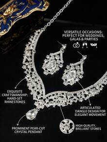 3pcs Silver Bridal Necklace & Earrings Jewelry Set, Elegant Wedding Party Accessories - Silver - View 4