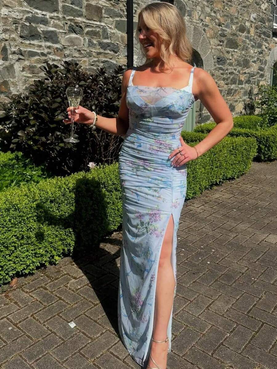 Nuevo Vestido envoltura floral tirantes cuello barco espalda abierta look elegante - Azul - Ver 1