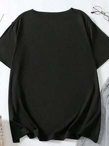Camiseta de Verano para Mujer con Estampado de Crisantemo y Letras Inglesas, Cuello Redondo, Camisetas Gráficas, Tops para Mujer - Negro - Ver 2