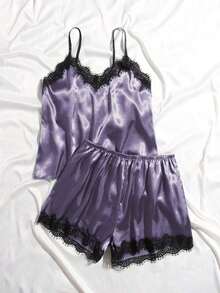Conjunto de pijama con top de cami de satén con ribete de encaje y shorts - Lila Púrpura - Ver 6