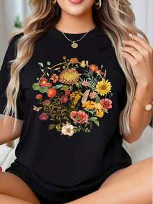 1 pieza de camiseta de manga corta con cuello redondo y estampado de ramo floral para mujer, ropa casual de verano con diseño gráfico inspirado en la naturaleza. Es una camiseta perfecta para regalar a amigos y familiares en cualquier día festivo u ocasión especial, 180g 100% algodón. - Negro - Ver 12