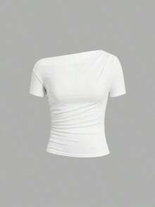 Camiseta de moda ajustada de manga corta con hombros oblicuos de unicolor para mujer - Multicolor 4 - Ver 7