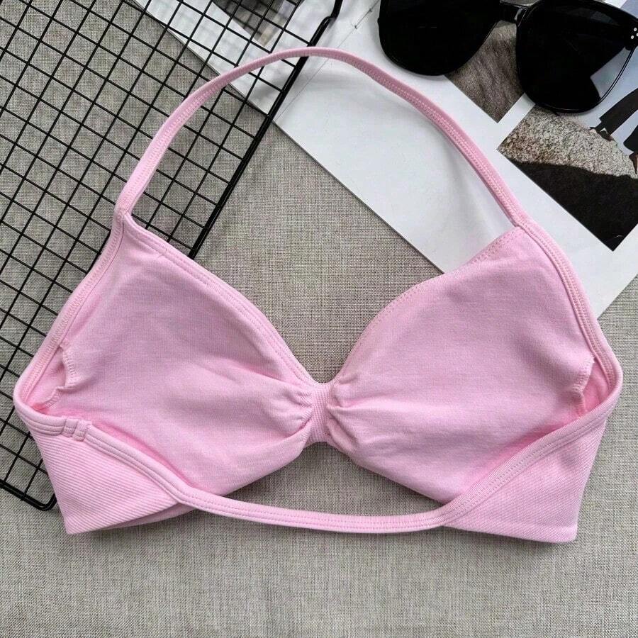 Sujetador camiseta popular, sujetador deportivo sin espalda de tirantes finos para mujer, con soporte ligero, top corto para entrenamiento, sujetador de yoga sin costuras y con pliegues, color negro, primavera - Rosa - Ver 1