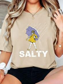 Salty Girl Umbrella Print Round Neck Short Sleeve Tee, 100% Cotton Plus SizeWomenCasual Top, Summer Daily OutdoorStreetwear Graphi Ccute Tees T-Shirt - 杏色 - 查看 9