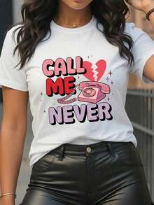 1 pieza de camiseta de manga corta con estampado gráfico "CALL ME NEVER" para el Día de San Valentín para mujer, cuello redondo casual, corte holgado, tela suave y cómoda, lavable a máquina, estilo simple y moderno para uso diario, camiseta estampada para uso diario, 180g 100% algodón. - Blanco - Ver 6