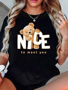 Playera Negra Ajustada con Gráfico de Oso de Peluche y Frase "Nice to Meet You", Camia Estética de Animales Adorables, Blusa Casual de Manga Corta de Moda Adecuado como regalo. playera de mujer. blusas>elegantes. boho chic,Camiseta estampada de cuello redondo con diseño de dibujos animados. - Negro - Ver 8