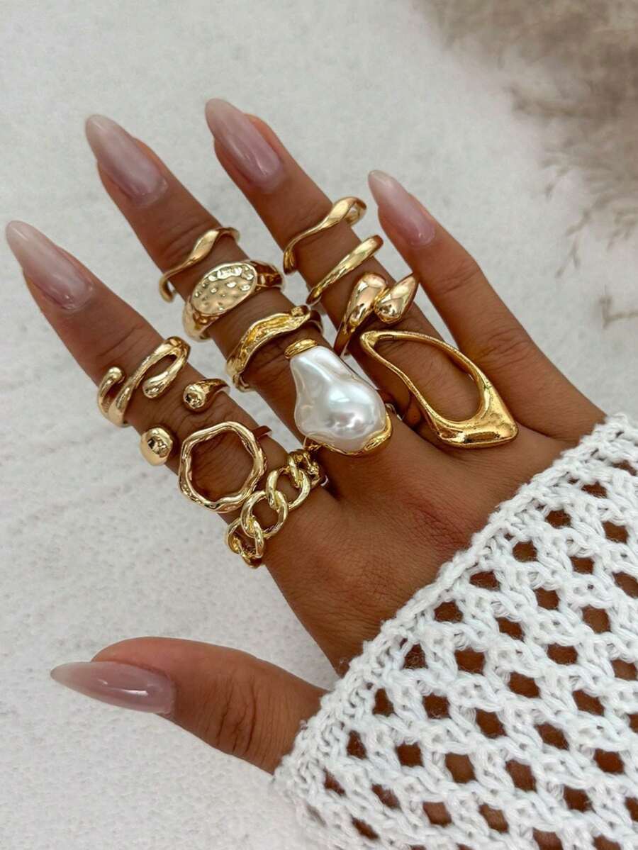 12pcs Vintage Baroque French Asymmetrical Faux Pearl Rings Set, Multi-Element Geode Line Asymmetrical Stackable Rings, Suitable For Women's Daily Wear, Parties, Gifts - Yellow Gold - View 1
