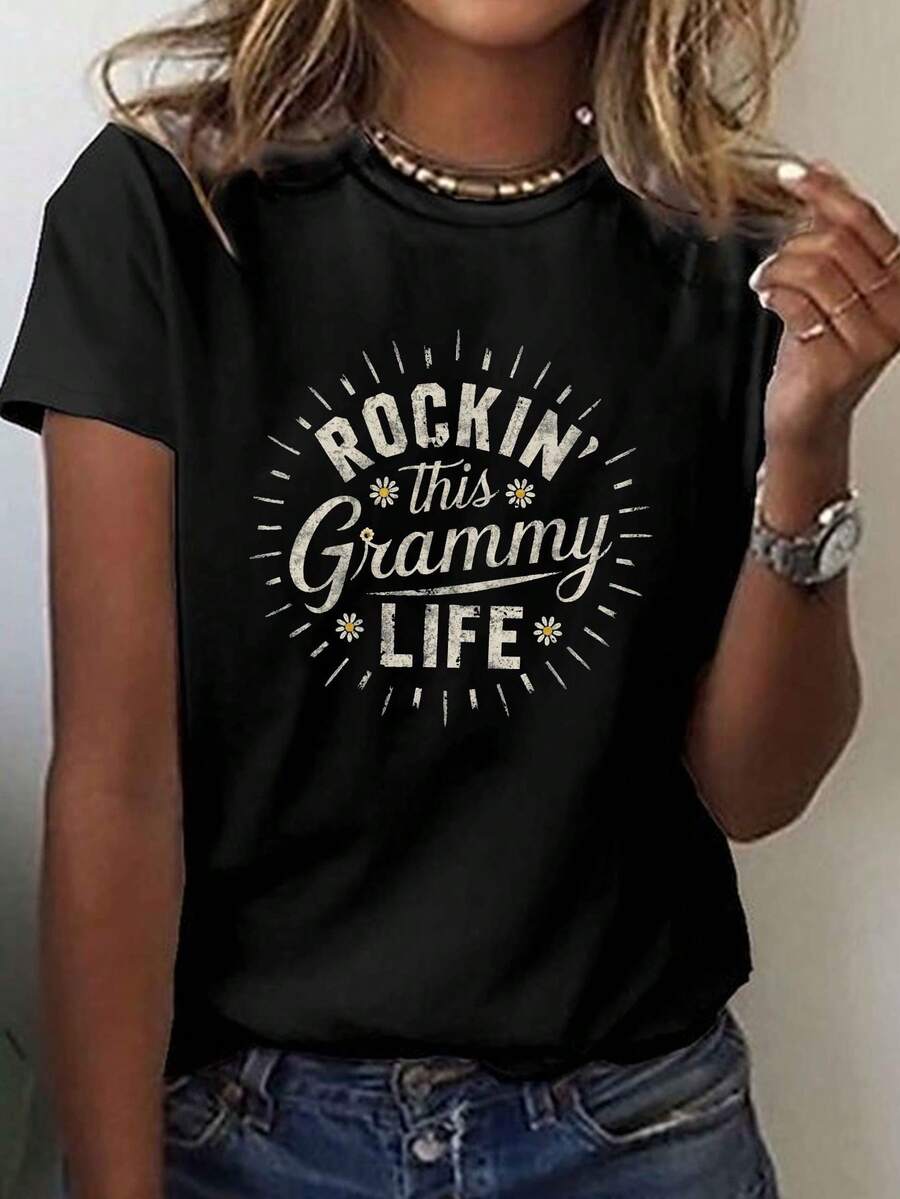 Women's Rock Style T-Shirt - Short Sleeve, Round Neck, Geometric Sun And Stars Print, Casual Top, Comfortable For All Seasons, Clothing For Music Fans, Loose And Comfortable Short Sleeve T-Shirt, Women's Pure Cotton T-Shirt With Print. - 黑色 - 查看 1
