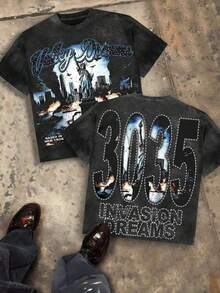 230g Combed And Washed Cotton T-Shirt With "Valley Dreams Statue Of Liberty & City Explosion & '3035 INVASION DREAMS'" Print, Urban Style Short Sleeve Top, Dark American Hardcore Style Clothing, Round Neck Top For Spring And Summer, Suitable For Casual Daily Wear In Summer, Outfit For St. Patrick's Day 2026, Easter Outfit For Women, Summer Sets, Holiday Outfits For Women, Summer Sets For Women, Spring Sets For Women, Summer Tops, Outfit For St. Patrick's Day, Easter Outfit For Women. - 黑色 - 查看 9