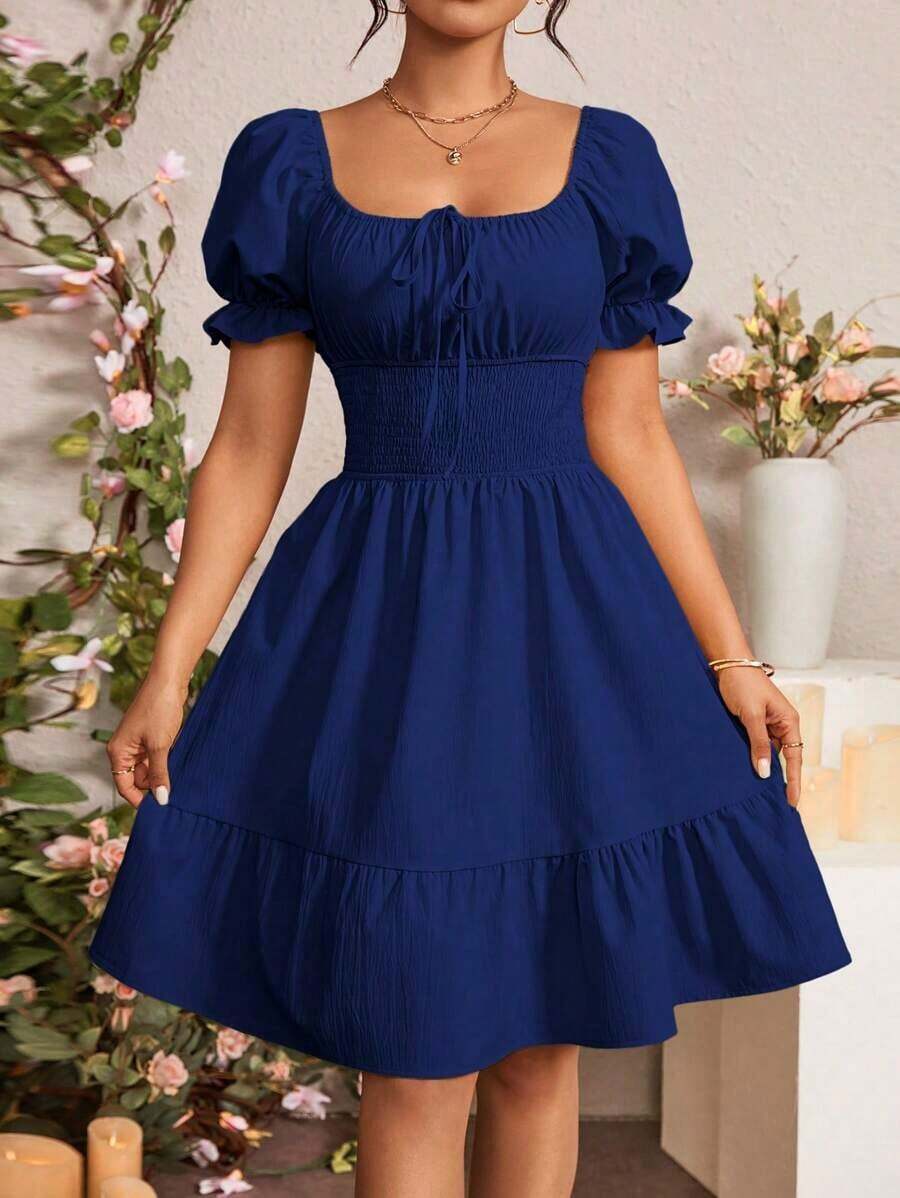 Vestido de mujer de manga corta con cuello cuadrado de unicolor, de moda para el verano - Azul marino - Ver 1