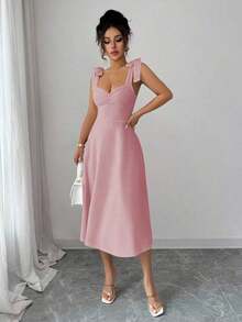 elegante y romántico para mujer con lazo decorativo en la cintura y corte evasé sin mangas - Rosa vieja - Ver 7