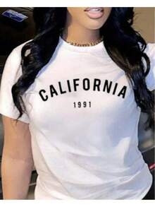 1 pcsCamia mujer cuello redondo manga corta estampado sencillo " CALIFORNIA 1991 " blusas playeras gráficas mujer print180g 100% Cotton,The patterns are all printed. Unisexo. - Negro - Ver 10