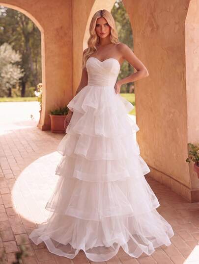 Faeriesty Elegant White Strapless Tiered Mesh Dress, Ruffle Mesh A-Line Evening Gown, Suitable For Party, Formal Event, Vacation And Beach Spring Wedding
