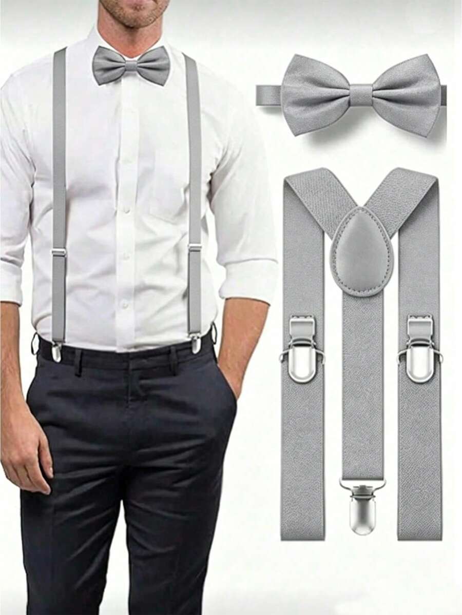 1set Solid Color Men's Bow Tie And Suspenders Set, Solid Color Y-Shaped Suspenders And Self-Tie Bow Tie Suitable For Wedding Attire - Silver - View 1