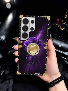 1个紫色玫瑰图案长方形防摔时尚手机壳，兼容三星Galaxy S26 Ultra/S26/S26 Plus/S25FE/S25 Ultra/S25+/S25/S24 Plus/S24/S24U/S23 Ultra/S22 Ultra/A57 5G/A56 5G/A37 5G/A36/A17/A16以及苹果17proamx/17/16 Promax/16/15PRO Max/15/14 Plus/15plus/14 Pro Max/13promax等型号。[国际版，非国内版] - 紫色+鏡面指環支架 - 查看 6