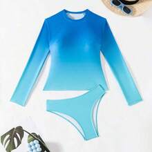 Swim SPRTY Summer Ladies' Tight Fitting Sports Beach Surfing Gradient Color Long Sleeve Pullover Swimwear Set - Azul - Ver 8