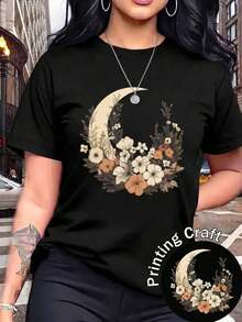 100% cotton Chaleco de moda para damas, cuello redondo, mangas cortas, con estampado de luna y flores, corte normal - Negro - Ver 2