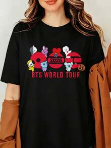 BTSS World Tour 2026 T-Shirt, K-Pop BT21 T-Shirt, K-Pop Bangtan Boys T-Shirt With Cute Cartoon Graphic Print, K-Pop Fan Merchandise, Unisex Casual Idol Merchandise, Concert Fan Kawaii - 黑色 - 查看 6