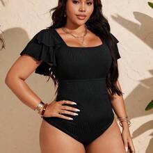 Swim Chicsea 2026 New Summer Beach Vacation Ruffled Petal Sleeve Plus Size One-Piece Swimsuit - Marrón - Ver 4