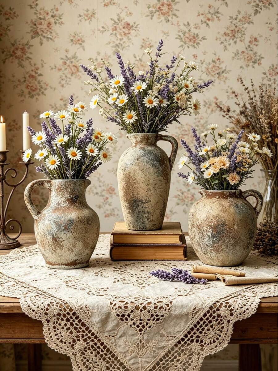 French Retro Creative Countryside Style Ceramic Flower Vase Home Room Living Room Desktop Decoration Accessories Antique Pottery Vase Dining Table Decoration Wedding Decoration