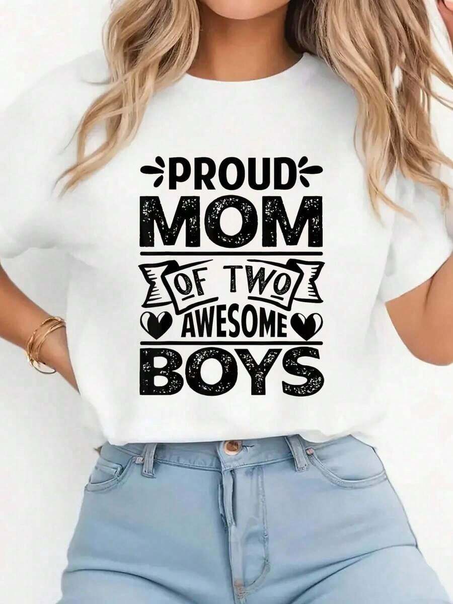 Proud Mom Of Two Cool Boys - Funny Mother's Day T-Shirt, Short Sleeve, Crew Neck, Casual Top For Summer And Spring, Women's Clothing - 白色 - 查看 1