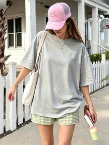 Áo phông nữ dáng rộng tay ngắn mùa xuân/hè, 100% cotton, họa tiết chữ và chanh, cổ tròn, mềm mại thoải mái, mặc thường ngày, phong cách đường phố, Y2K, đi biển, lễ tốt nghiệp, đi nghỉ mát, màu xám heather - Xám - Xem 2